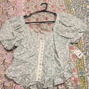 Free People Floral Puff Sleeve Blouse - Light Blue